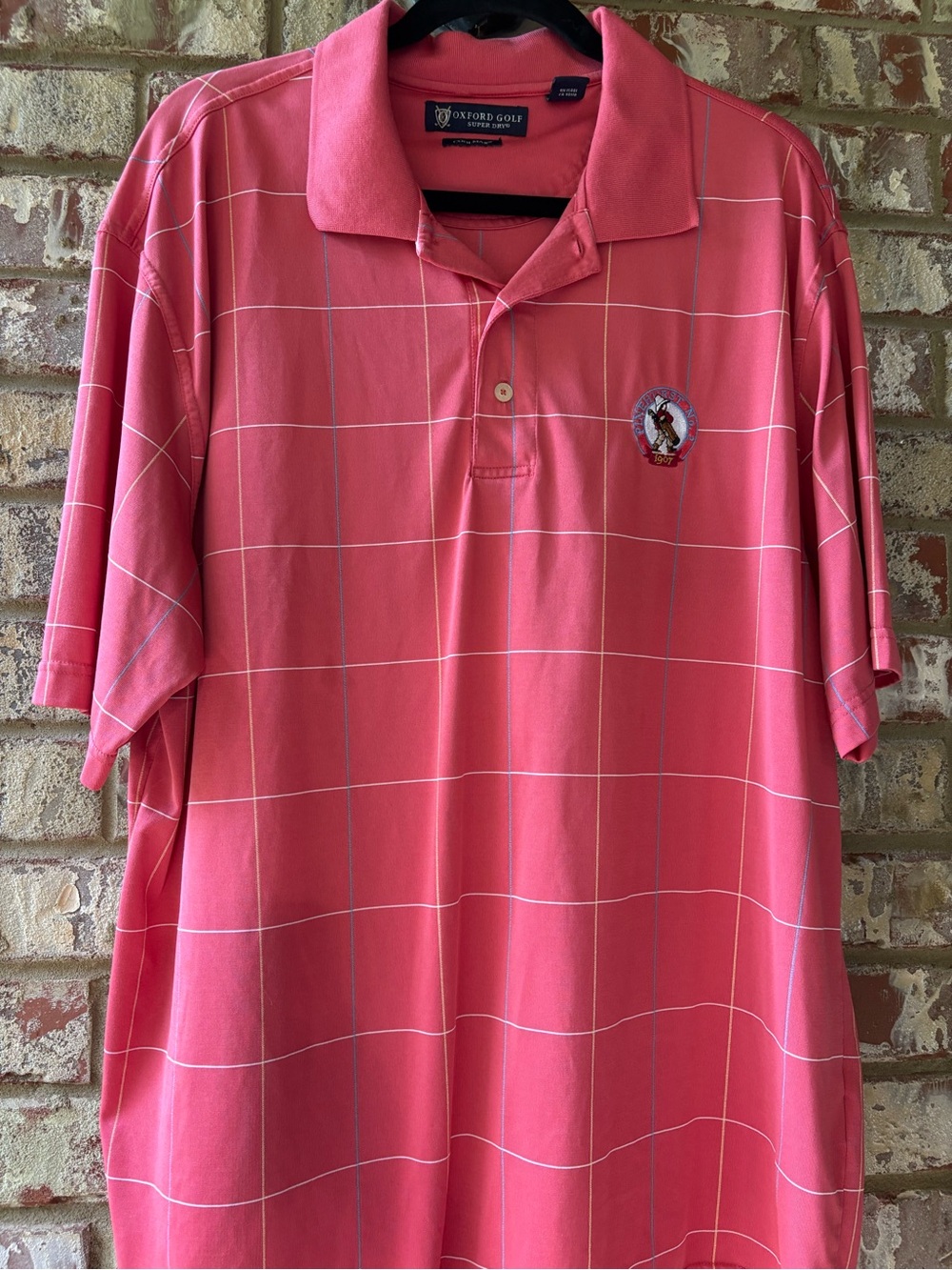 Oxford Golf Polo Shirt Men XL Pink Windowpane Pinehurst 1907 Embroidered Logo